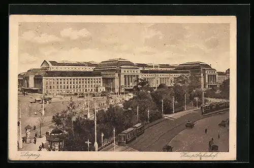 AK Leipzig, Strassenbahnen vor dem Hauptbahnhof, am Brühl