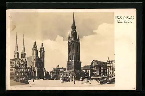 AK Halle Saale, Strassenbahn auf dem Marktplatz, Roter Turm