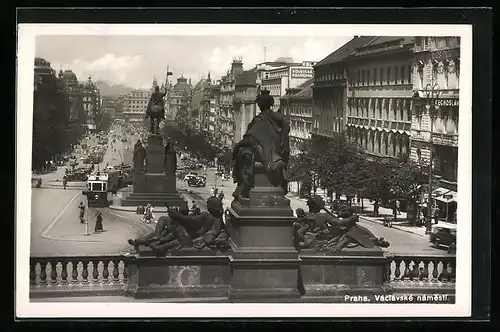 AK Praha, Vaclavske Namesti, Monument und Strassenbahn