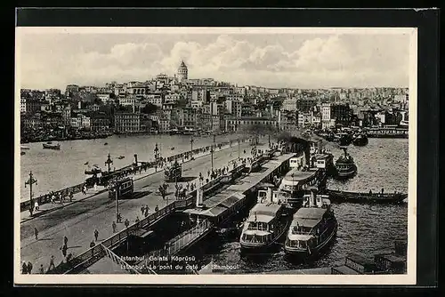 AK Istanbul, Le pont du cote de Stamboul, Strassenbahnen auf der Brücke