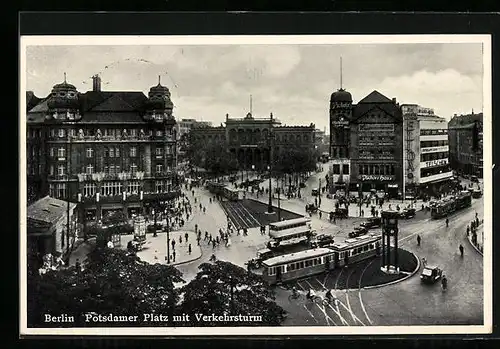 AK Berlin, Potsdamer Platz mit Verkehrsturm und Strassenbahn