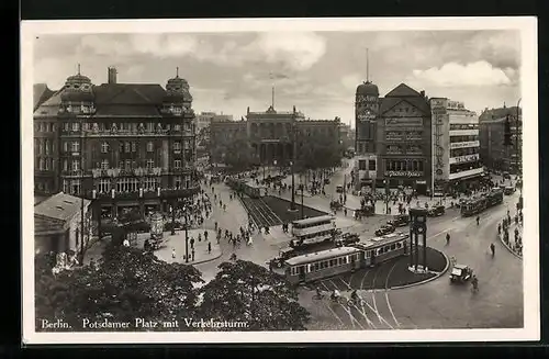 AK Berlin, Potsdamer Platz, Strassenbahn am Verkehrsturm