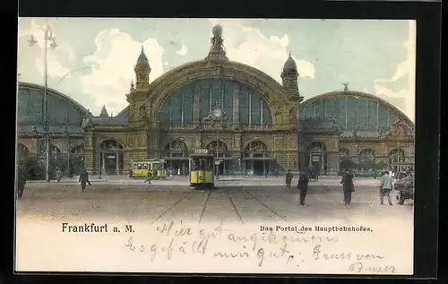 AK Frankfurt a. Main, Strassenbahnen vor dem Portal des Hauptbahnhofes