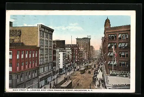 AK Rochester, N.Y., Main Street looking west from Franklin Street, Strassenbahnen unterwegs