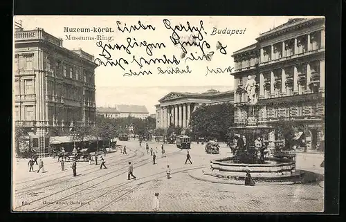 AK Budapest, Brunnen und Strassenbahn auf dem Museums-Ring