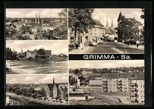 AK Grimma i. Sa., Generalansicht, Strasse in die Stadt, am Ufer, Blick auf die Kirche