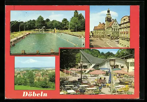 AK Döbeln, Freibad, Rathaus, Teilansicht der Stadt, HO-Parkrestaurant