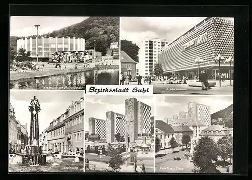 AK Suhl i. Thür., C.-Warenhaus, Stadthalle der Freundschaft, Brunnen im Steinweg, Karl-Marx-PLatz