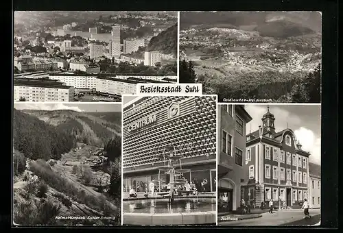 AK Suhl i. Thür., Teilansicht der Stadt, Heimattierpark Suhler Schweiz, Rathaus, Blick auf Goldlauter-Heidersbach