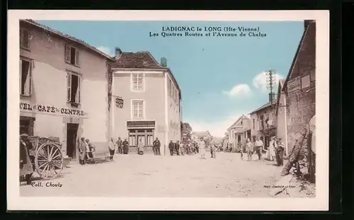 AK Ladignac-le-Long, Les Quatres Routes et l`Avenue de Chalus