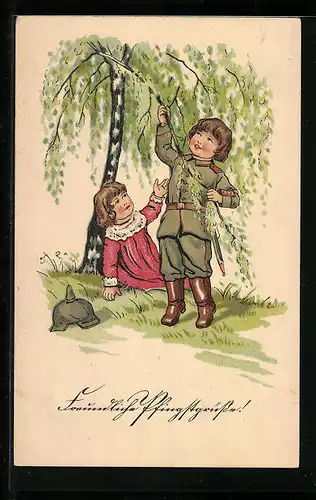 Künstler-AK Kleiner Junge in Uniform und mit Helm, Mädchen im roten Kleid unter einem Baum
