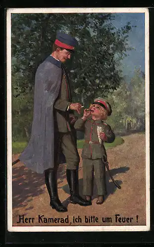 AK Kleiner Junge in Uniform bittet seinen Kameraden um Feuer, Kinder Kriegspropaganda