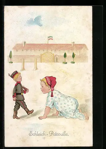 Künstler-AK Schleich-Patrouille, Kinder Kriegspropaganda