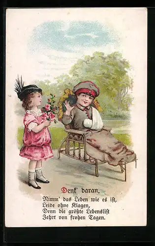 Künstler-AK Kleiner Junge in Uniform mit bandagierten Arm bekommt Blumen geschenkt, Kinder Kriegspropaganda