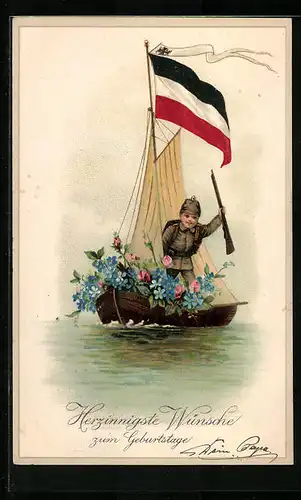 Künstler-AK Glückwünsche zum Geburtstag eines uniformierten Jungen auf einem mit Blumen geschmücktem Boot