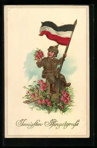 Künstler-AK Kleiner Junge in Uniform mit Blumen und Flagge