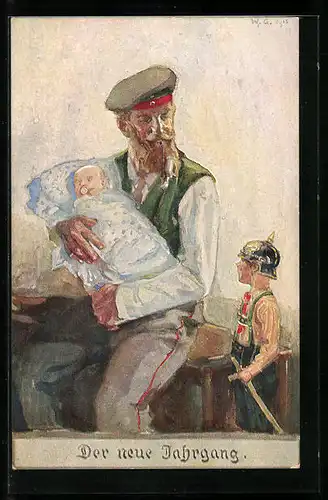 Künstler-AK Junge in Uniform, Vater mit neugeborenen auf dem Arm