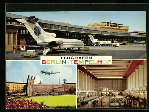 AK Berlin-Tempelhof, Flughafenhalle und Pan Am Maschine