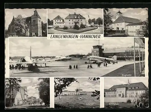 AK Langenhagen-Hannover, Flughafen, Rathaus und Kath. Kirche