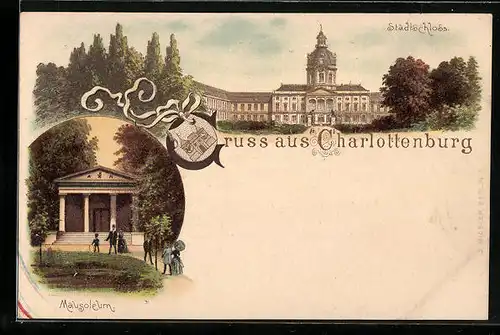 Lithographie Berlin-Charlottenburg, Stadtschloss und Mausoleum
