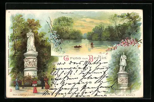Lithographie Berlin-Tiergarten, Neuer See, Dkm. d. Königin Louise u. Friedrich Wilhelm III.