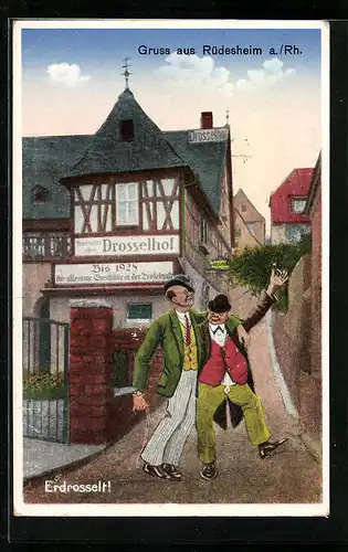 Künstler-AK Rüdesheim a. Rh., Gasthaus Drosselhof, Inh. Hans Frey, Zwei Herren erdrosselt