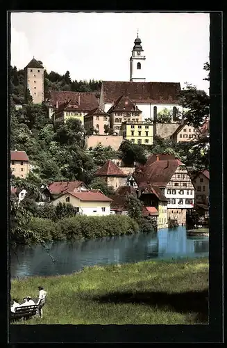 AK Horb am Neckar, Uferpartie mit Kirche