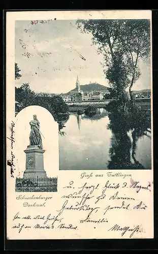 AK Tuttlingen, Uferpartie mit Kirche, Schneckenburger Denkmal