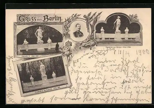 AK Berlin, Porträt Kaiser Wilhelm II., Statuen Albrecht II., Friedrich der Grosse und Friedrich II.