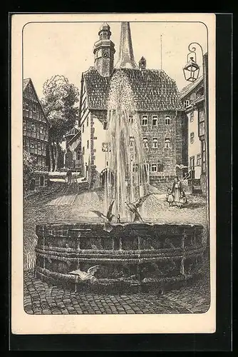 Künstler-AK Schlitz, der Brunnen vor dem Rathaus