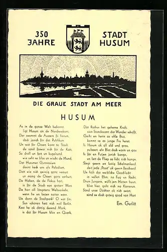 AK Husum, Blick auf die graue Stadt am Meer, Stadtwappen, Jubiläum 350 Jahre