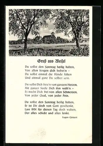 AK Weisel, Blick zur Kirche im Ort, Halte den Sonntag heilig