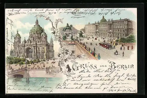 Lithographie Berlin, Neuer Dom, Kgl. Schloss mit Schlossbrunnen