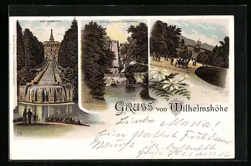 Lithographie Cassel, Wilhelmshöhe, Cascaden, Aquaduct-Wasserfall