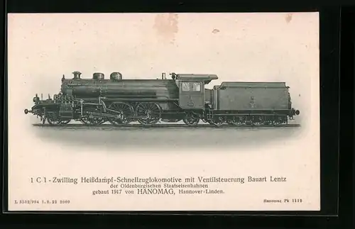 AK 1 C 1 - Zweizylinder Heissdampf-Schnellzuglokomotive mit Ventilsteuerung Bauart Lentz, HANOMAG