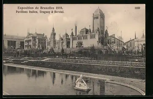 AK Bruxelles, Exposition 1910, Pavillons Italien, Urugay & Herstal
