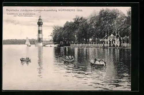 AK Nürnberg, Bayerische Jubiläums-Landes-Ausstellung 1906, Leuchtturm am Dutzendteich mit Teichrestaurant