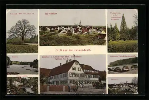AK Welzheim, Welzheimer-Wald, Teil-Ansicht, Gasthof z. Lamm von Hch. Eisenmann, Bockseiche, Eisenbahn-Viadukt
