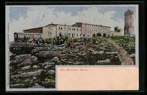 Seiden-Imitations-AK Brocken, Blick auf Hotel und Aussichtsturm