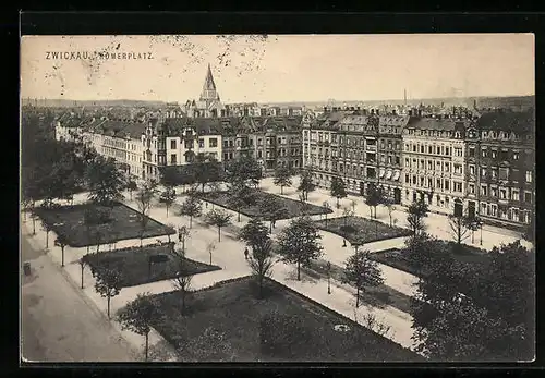 AK Zwickau, Komerplatz aus der Vogelschau