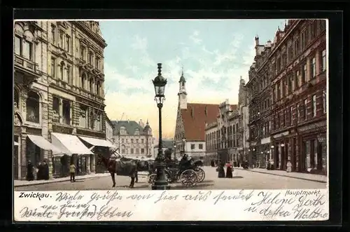 AK Zwickau, Strassenpartie Hauptmarkt mit Kutsche