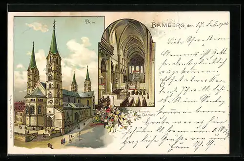 Lithographie Bamberg, Aussen- und Innenansicht vom Dom