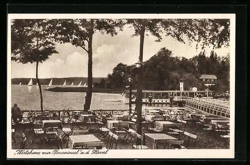 AK Berlin-Wannsee, Pfaueninsel a. d. Havel, Wirtshaus mit Dampfer