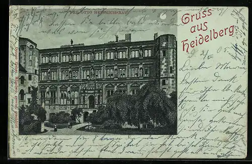Lithographie Heidelberg, Blick auf den Otto Heinrichsbau