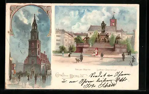 Lithographie Berlin, Marien-Kirche, Neuer Markt, Luther-Denkmal