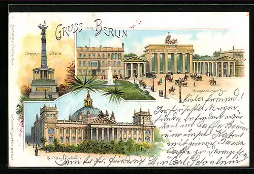 Lithographie Berlin, Brandenburger Tor, Sieges-Säule, Reichstags-Gebäude