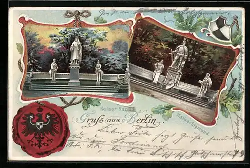 Lithographie Berlin-Tiergarten, Statue von Kaiser-Karl IV und Kaiser Sigmund mit Wappen