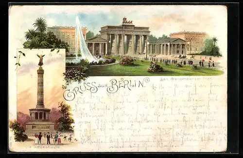 Lithographie Berlin, Brandenburger Tor mit Fontäne, Siegessäule