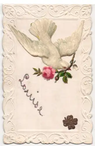 Oblaten-AK Weisse Taube mit Rose im Schnabel