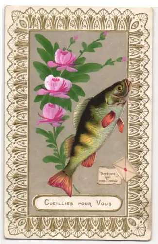 Oblaten-AK Cueillies pour Vous, Fisch und rosa Blumen